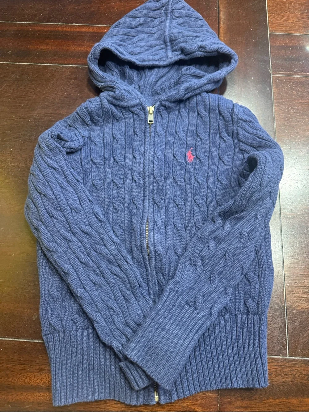Ralph Lauren Navy Cable-Knit Hooded Zip Sweater with Pink Pony